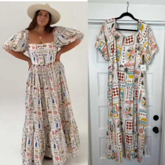 NWT LÉA 100% Cotton Colorful Puff Sleeves Smocked Maxi Dress, Size 2X - Picture 1 of 10
